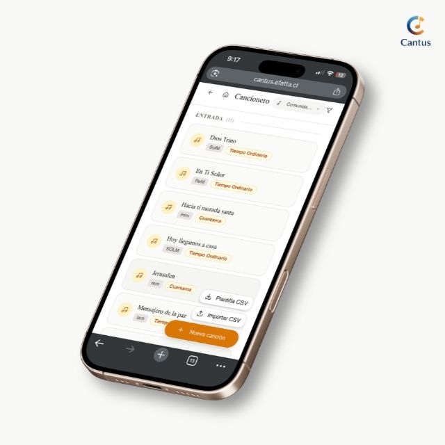 App mostrando un cancionero digital con lista de cantos litúrgicos