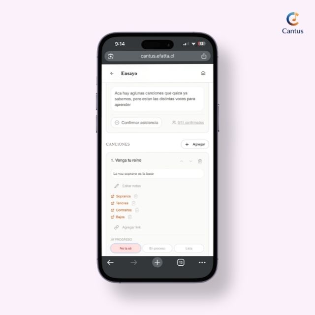App mostrando planificación de ensayos del coro