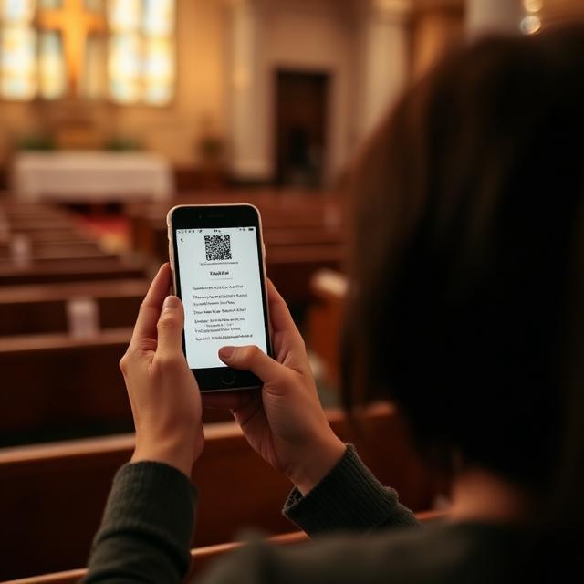 Persona escaneando un QR en la iglesia para ver letras de cantos