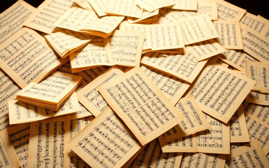 Hojas de cantos desordenadas y papeles sueltos