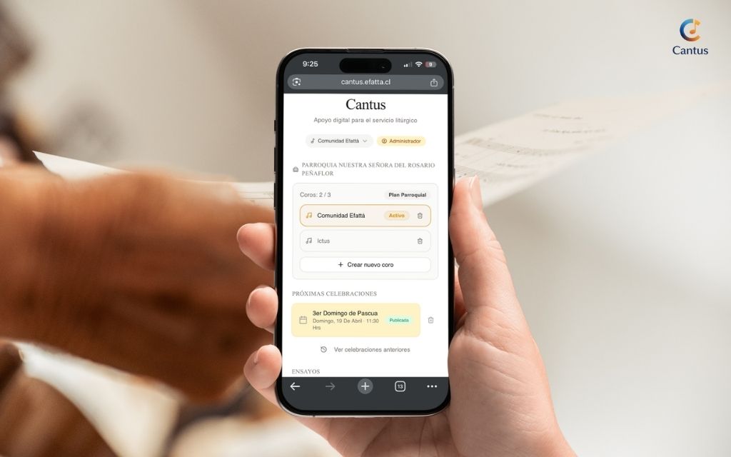 App Cantus mostrando cantos organizados en el celular